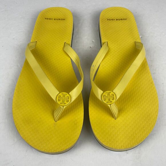 Tory Burch Womens sz 9 M Mini Minnie Flip Flop Thong Firefly Yellow Logo Sandals - Picture 2 of 9